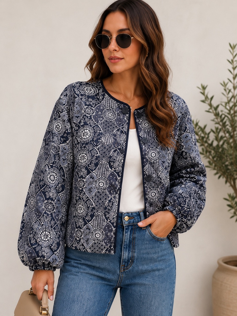 Treasure & Bond MSRP $129  blue patchwork quilted puff-sleeve jacket size medium